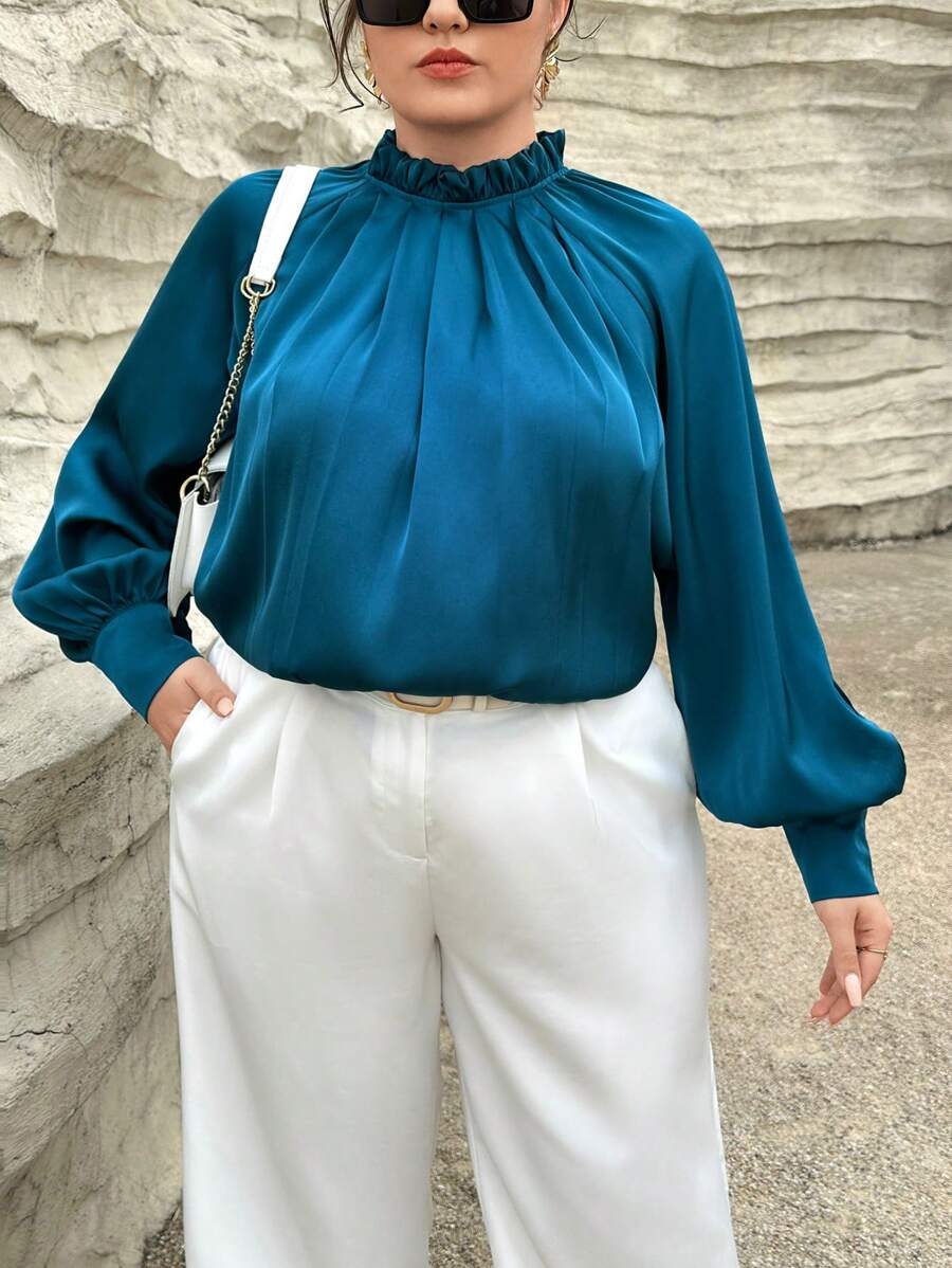 SHEIN Privé Hơn Lá sen tỉa Cổ giả Tay áo lồng đèn Áo sơ mi - Màu xanh lam - Xem 1