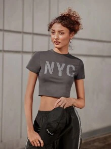 SHEIN Unity 水鑽字母破洞短版上衣 - 灰色 - 查看 6