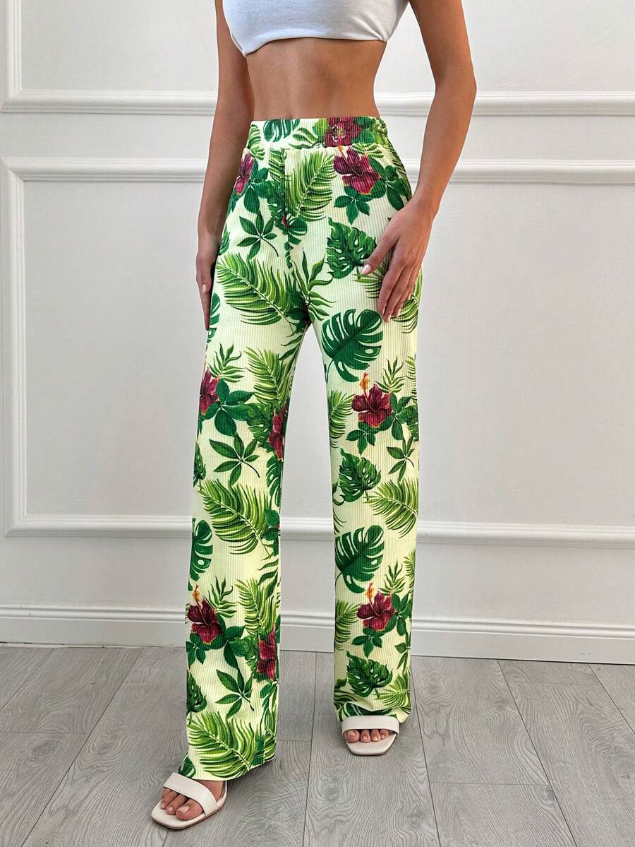 Tropical Print Straight Leg Pants - Green - View 1