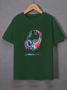 SHEIN 男大童耳機圖案T恤 - 綠色 - 查看 1