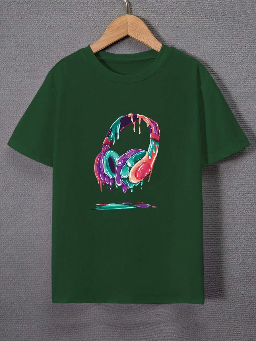 SHEIN 男大童耳機圖案T恤 - 綠色 - 查看 1