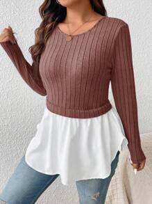 SHEIN Frenchy Plus Size Women's Ribbed Ruffle Hem T-shirt - Pink - View 4