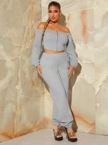 SHEIN SXY Off Shoulder Zip Up Crop Sweatshirt - Light Grey - View 6