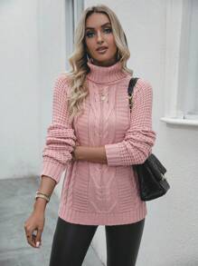SHEIN LUNE Áo cao cổ Tay Raglan Xoắn Dan Áo len - Bụi hồng - Xem 5
