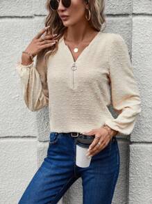 SHEIN LUNE 圓點半拉鏈燈籠袖襯衫 - 杏色 - 查看 4