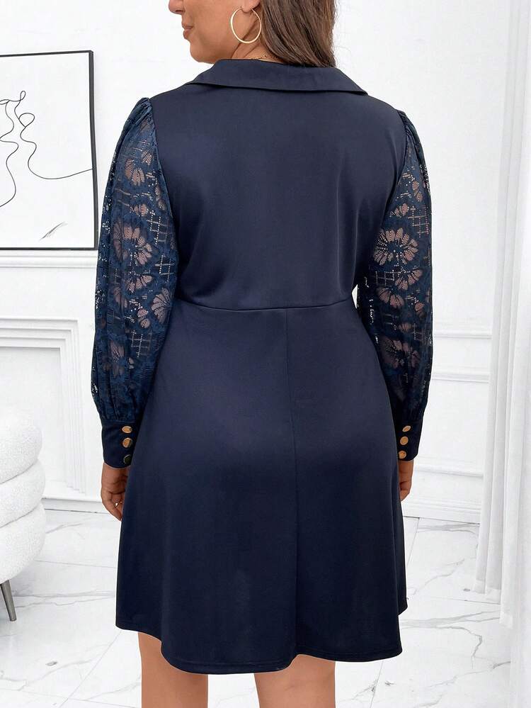 Plus Contrast Lace Lantern Sleeve Half Zip Dress