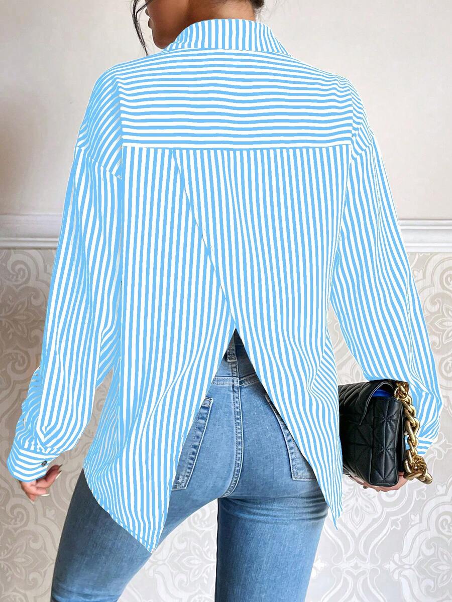 Chiquease Striped Print Drop Shoulder Shirt - Blue - View 1