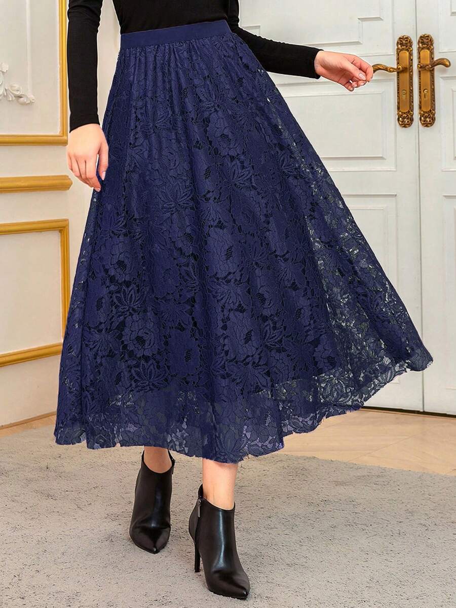 Modelyn Solid Lace Overlay Skirt - Royal Blue - View 1