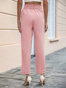 SHEIN Privé Paperbag Waist Belted Straight Leg Pants - Dusty Pink - View 2