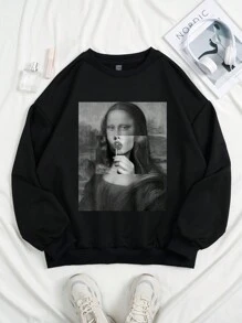 Muchica Casual European And American Classic Portrait Print Pattern Crew Neck Long Sleeve Oversized Women Hoodie Sweatshirt, Suitable For Autumn/Winter - Black - View 4