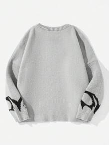 SHEIN EZwear 大碼圖形圖案落肩袖套頭毛衣 - 灰色 - 查看 2