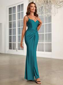 SHEIN Belle Vestido de dama de honor de tirantes girante delantero de muslo con abertura - Verde - Ver 5