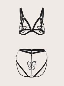 Butterfly Appliques Harness Lingerie Set - Black - View 2