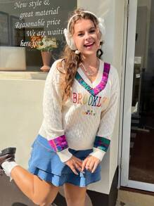 SHEIN EZwear Hơn Thêu Chữ Kẻ sọc tương phản Bảng Thả vai Xoắn Dan Áo len - Màu be - Xem 6