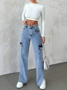 EURMUSE Women's Flap Pocket Washed Denim Jeans - Blue - View 4