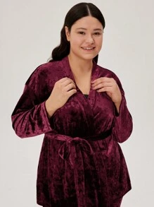 LUVLETTE 大碼絲絨家居服套裝 - 酒紅色 - 查看 3