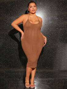 SHEIN SXY Plus Size Backless Halter Wave Texture Sweater Dress Sexy Outfits Club New Years Party Outfit - Brown - View 3