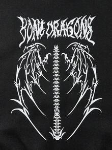 SHEIN EZwear 加大码翅膀和骷髅印花落肩抽绳卫衣 - 黑色 - 查看 3