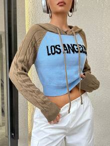 SHEIN Unity Áo len trùm đầu họa tiết chữ Colorblock thường ngày dành cho nữ, thu/đông - Màu xanh lam - Xem 4