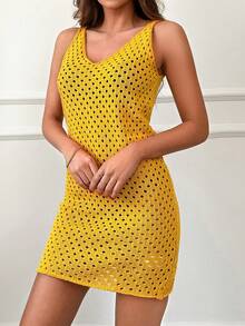 EURMUSE Hollow Out Cover Up Dress - Yellow - View 4