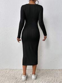 Chiquease Scoop Neck Split Thigh Dress Maxi Women Outfit - Black - View 2