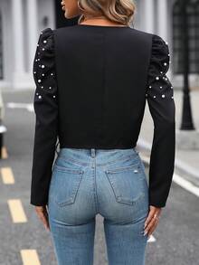 SHEIN LUNE Ngọc trai đính cườm Tay áo Dây kéo Áo khoác - màu đen - Xem 2