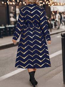 SHEIN LUNE Hơn In Chevron Thắt lưng Váy sơ mi - Xanh đậm - Xem 3