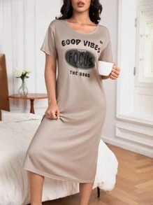 Letter Graphic Pajama Nightdress - Camel - View 4