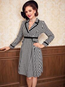 Vintamour Gingham Print Lapel Neck Dress - Black and White - View 3