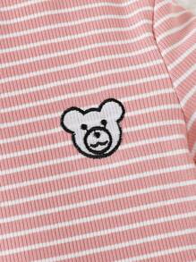 SHEIN 女小童2入組條紋印花小熊刺繡小高領T恤 - 彩色 - 查看 5