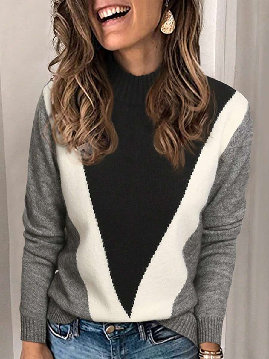 Color Block Mock Neck Sweater - Grey - View 1