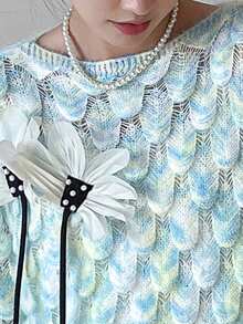 Floral Decor Drop Shoulder Oversized Sweater - Blue - View 5