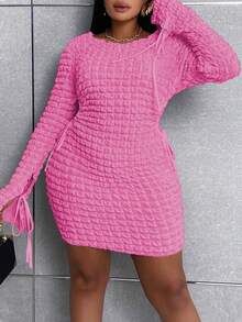 Maweii Plus Cutout Knot Side Flounce Sleeve Bodycon Dress - Pink - View 5