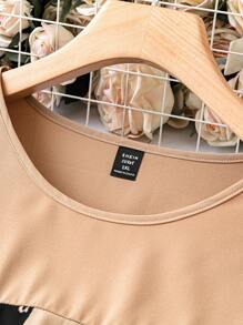 SHEIN Clasi 大碼筆刷圖案燈籠袖洋裝 - 卡其色 - 查看 3