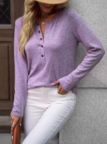 SHEIN LUNE Chất rắn Nút Nửa Áo thun - Màu tím - Xem 4