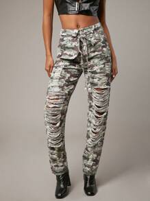 SHEIN Haute 迷彩印花破洞帶蓋口袋牛仔褲 - 彩色 - 查看 1