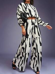 SHEIN Unity Bản in trừu tượng Nhiều lớp Quần ống rộng - Đen và trắng - Xem 1