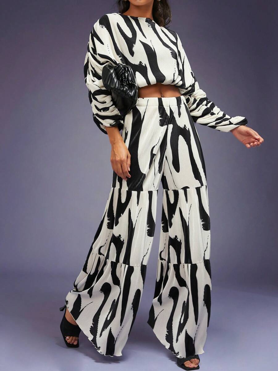 SHEIN Unity Bản in trừu tượng Nhiều lớp Quần ống rộng - Đen và trắng - Xem 1