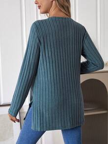 SHEIN Maternity Ribbed Knit Split Hem Tee - Dusty Blue - View 3