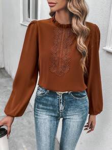 SHEIN Frenchy Guipure Lace Insert Lantern Sleeve Frill Trim Blouse - Rust Brown - View 5