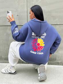 Flirla Plus Floral & Slogan Graphic Drop Shoulder Drawstring Hoodie - Purple - View 4