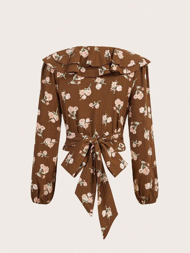 Floral Print Ruffle Trim Tie Back Blouse
