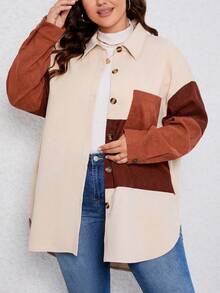 SHEIN LUNE 大碼撞色補丁貼口袋高低下擺前紐扣外套 - 彩色 - 查看 5