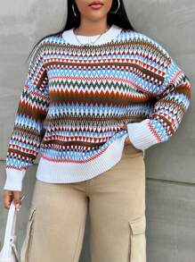 Flirla Plus Pull Motif Géométrique Épaule tombante