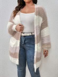 SHEIN Essnce 大碼撞色落肩袖毛茸茸開襟開衫 - 彩色 - 查看 3