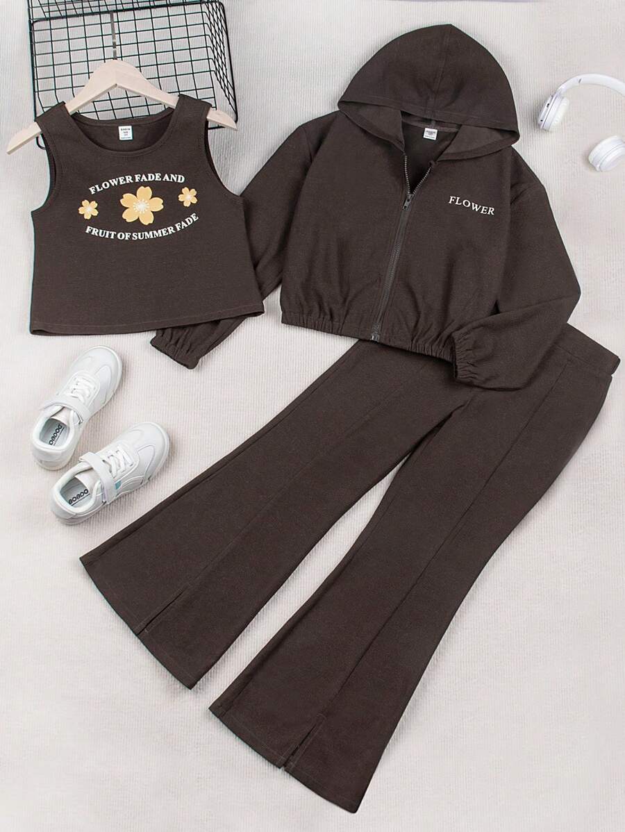 SHEIN Tween Girl Letter Graphic Hooded Jacket & Flare Leg Pants & Tank Top - Khaki - View 1