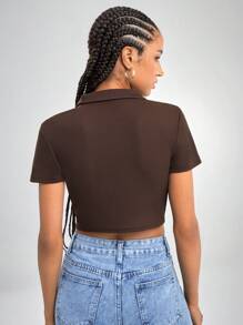 SHEIN EZwear Collared V-neck Rib-knit Tee - Chocolate Brown - View 3