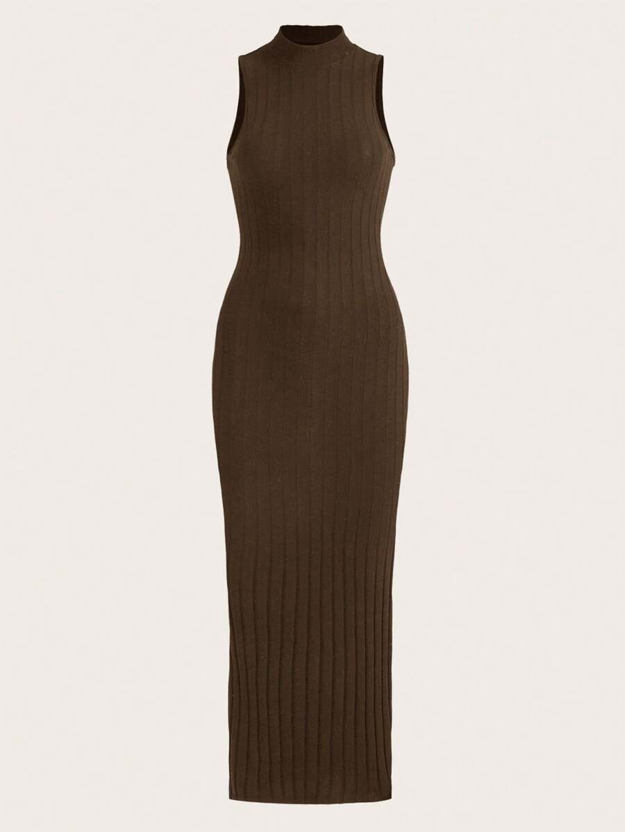 SHEIN EZwear Talla grande Vestido tank de cuello alto tejido de canalé - Marrón - Ver 1