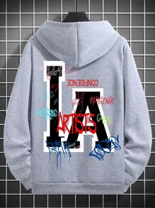 Manfinity Homme Men Plus Letter Graphic Drop Shoulder Drawstring Hoodie - Grey - View 6