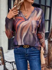 SHEIN LUNE Tie Dye Pocket Patched Drop Shoulder Tee - Brown - View 5